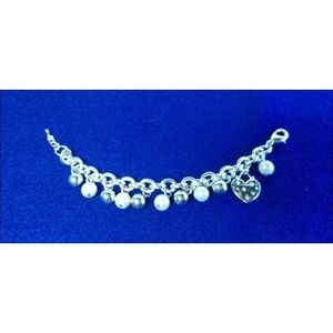 CHRISTOPHER & BANKS Bracelet Women 7-8" Silver Faux Pearl Heart Charm Crystal